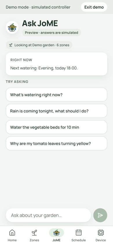 JoME assistant screen in demo mode, labelled Preview with simulated answers and suggested questions