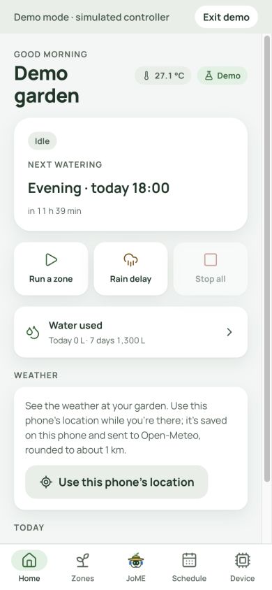 JoME Home screen in demo mode showing the next watering, quick controls, and water usage