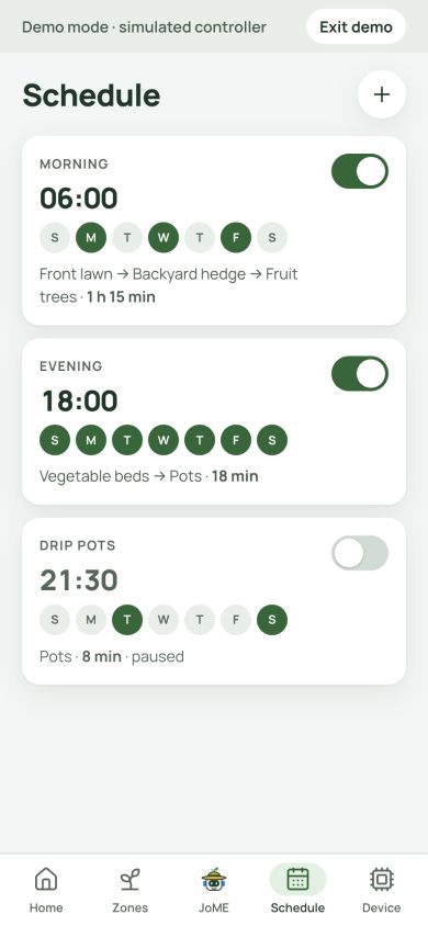 JoME Schedule screen in demo mode with morning, evening, and drip watering programs