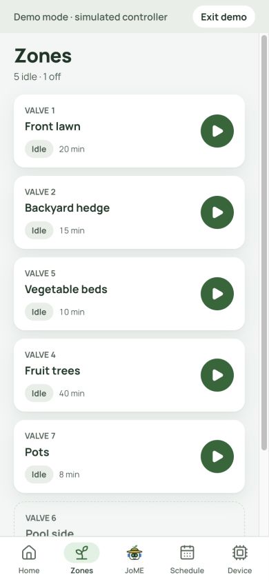 JoME Zones screen in demo mode listing garden zones with valve numbers and run buttons